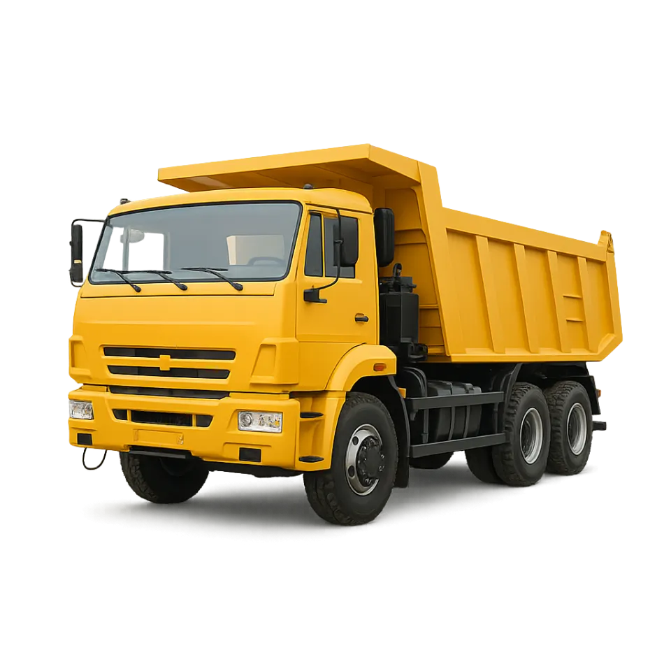 Yellow dump truck with an open bed, ready for loading