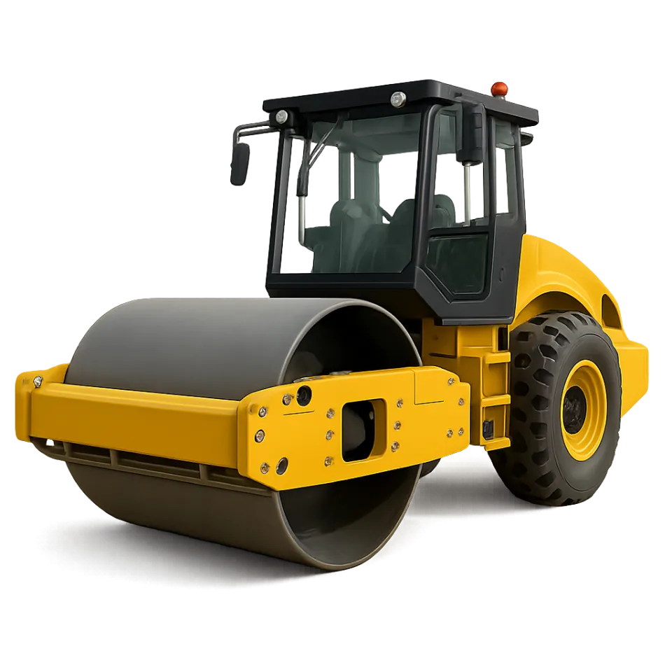 Yellow roller with a metal drum for asphalt compaction