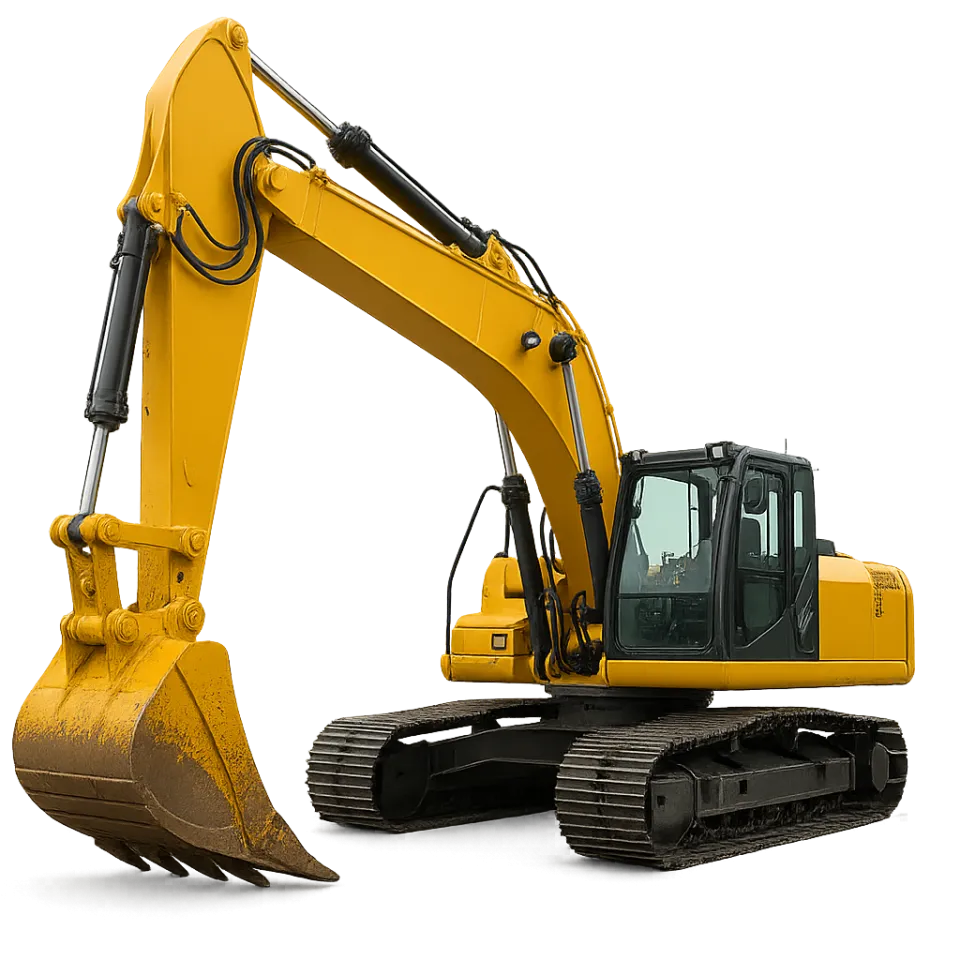 Yellow excavator on a black background with a large digging bucket