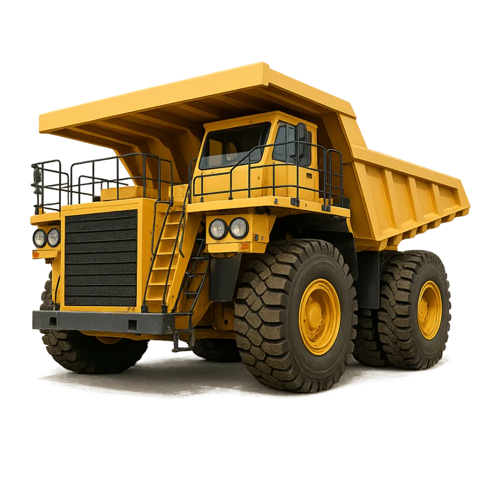 Yellow dump truck with a large cargo area used in quarries