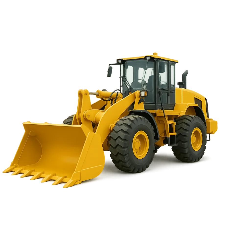 Cargo excavator with a bucket and large wheels on a black background.