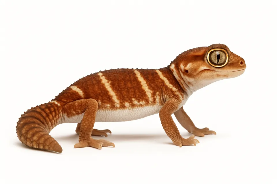 Georgian gecko with bright stripes and large eyes on a neutral background