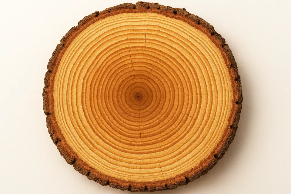 Slice of a wooden log with clearly visible growth rings and bark