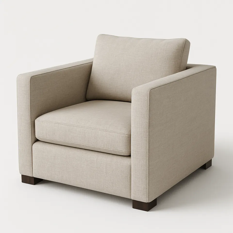 Comfortable armchair with straight lines and soft cushions