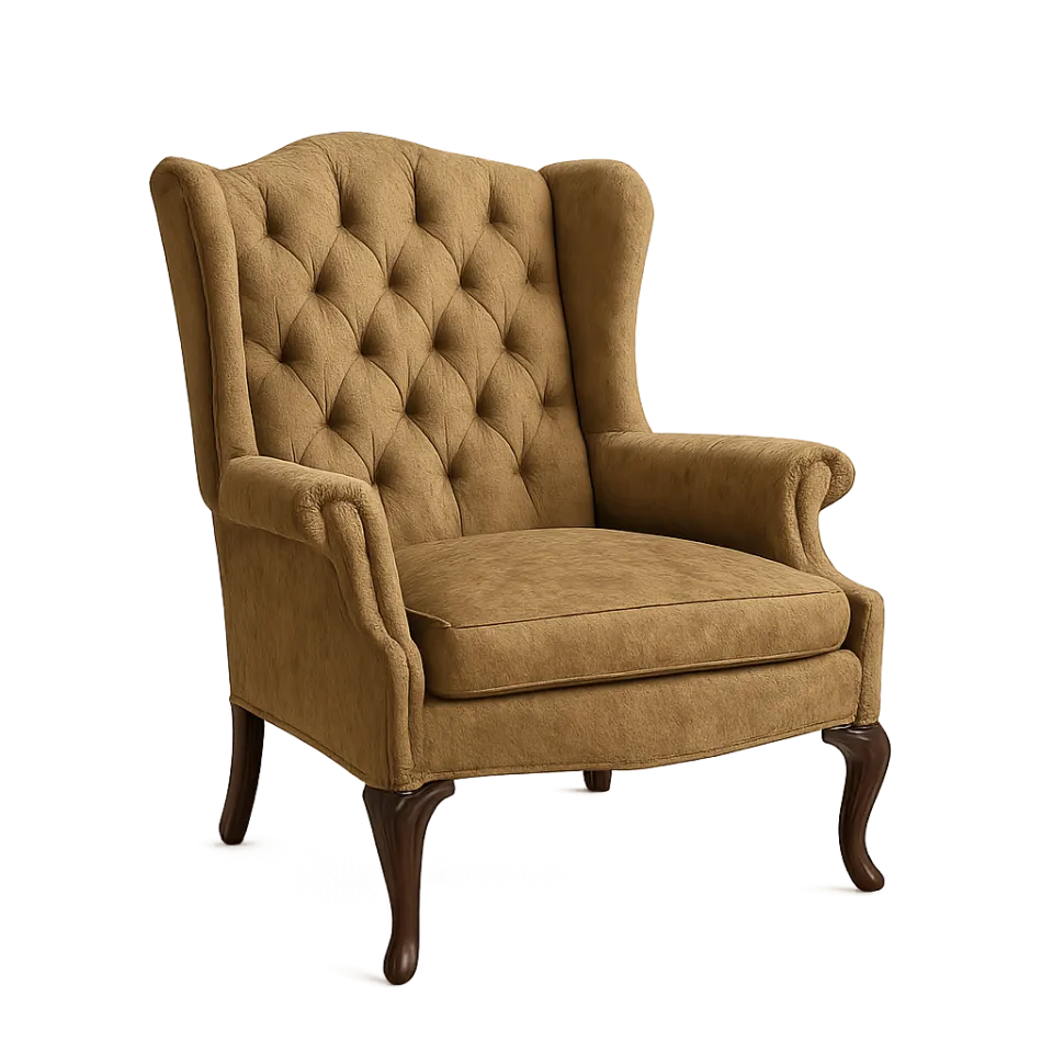 Chair with a high back and textured upholstery in warm tones