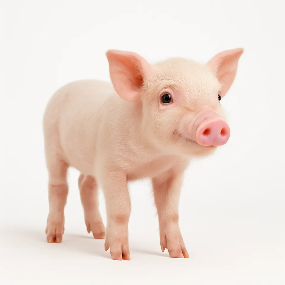 Charming piglet with pink ears and nose on a white background