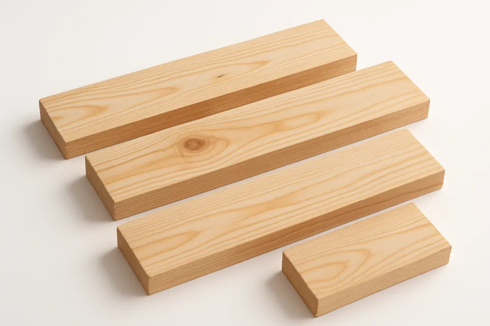 Four wooden planks with different sizes and textures on a light background