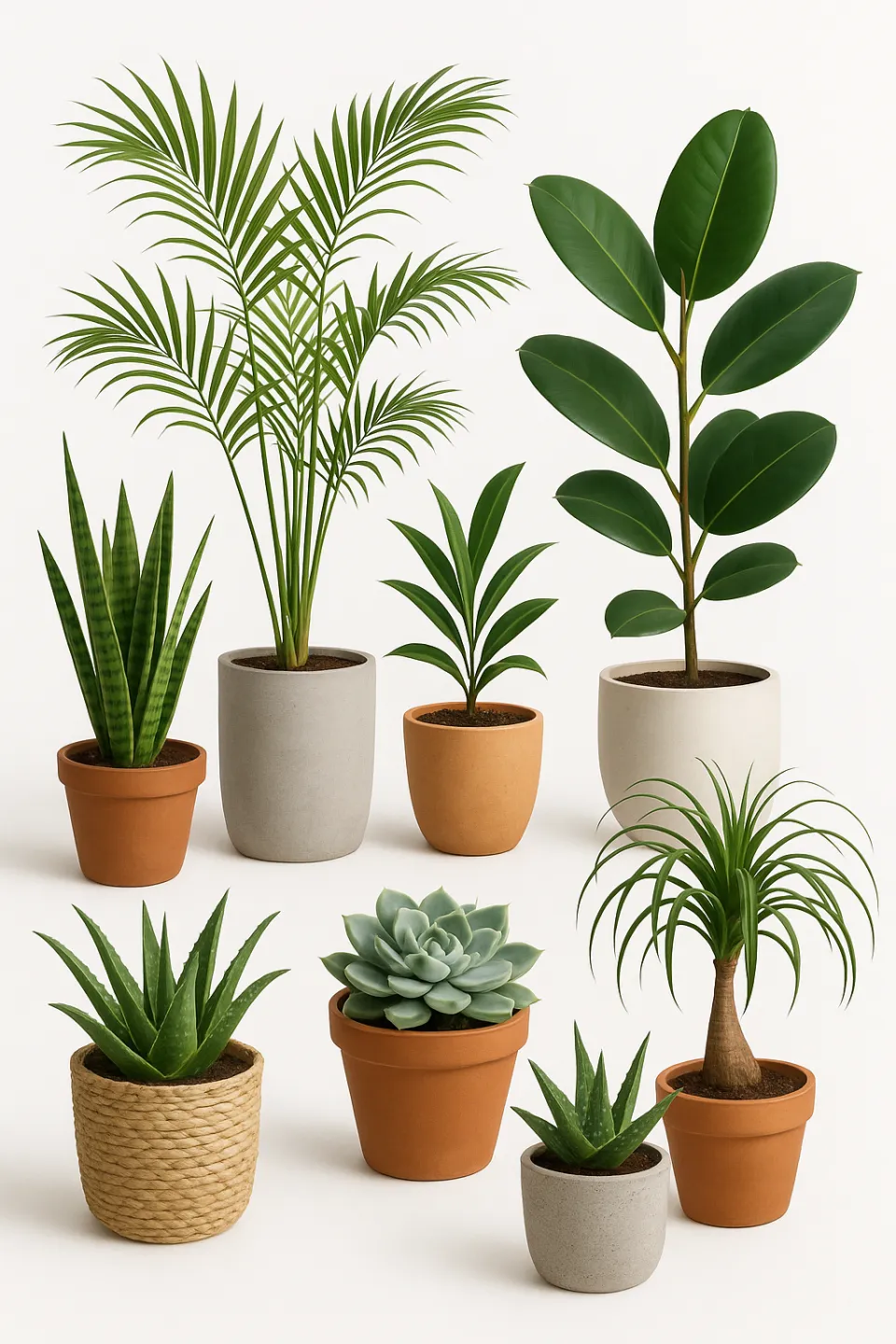 Diverse indoor plants displayed in various decorative pots on a neutral background