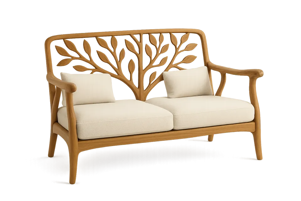 Wooden sofa with leaf pattern and soft cushions