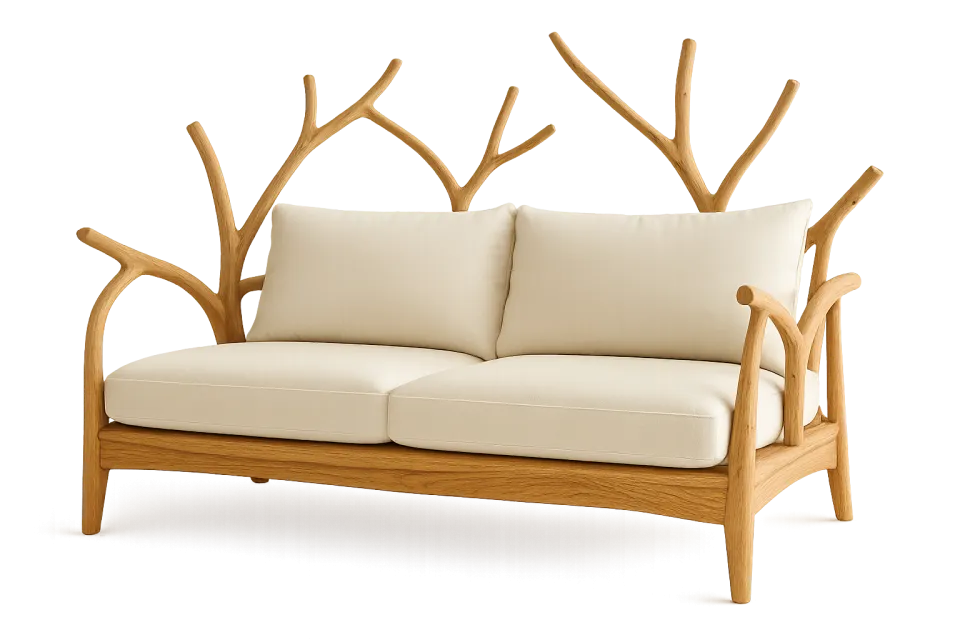 Sofa with unique wooden armrests and light upholstery for a cozy interior