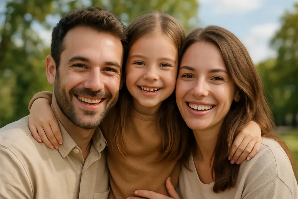 Foto familiar con padres sonrientes y una hija en el parque