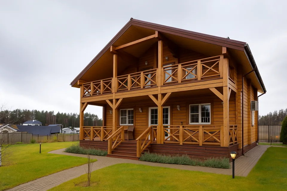 Wooden two-story house with a cozy veranda in the countryside