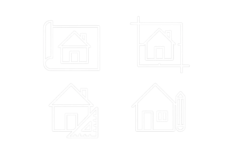 Conjunto de íconos que representan casas y planos de edificios