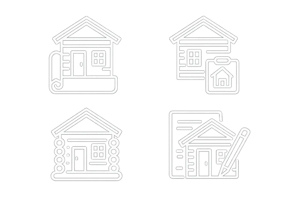 Cuatro esquemas diferentes de casas de madera con elementos de diseño
