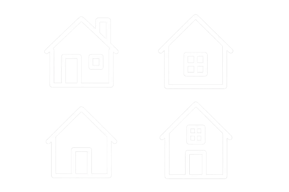 Cuatro imágenes de casas con diferentes disposiciones de ventanas y puertas