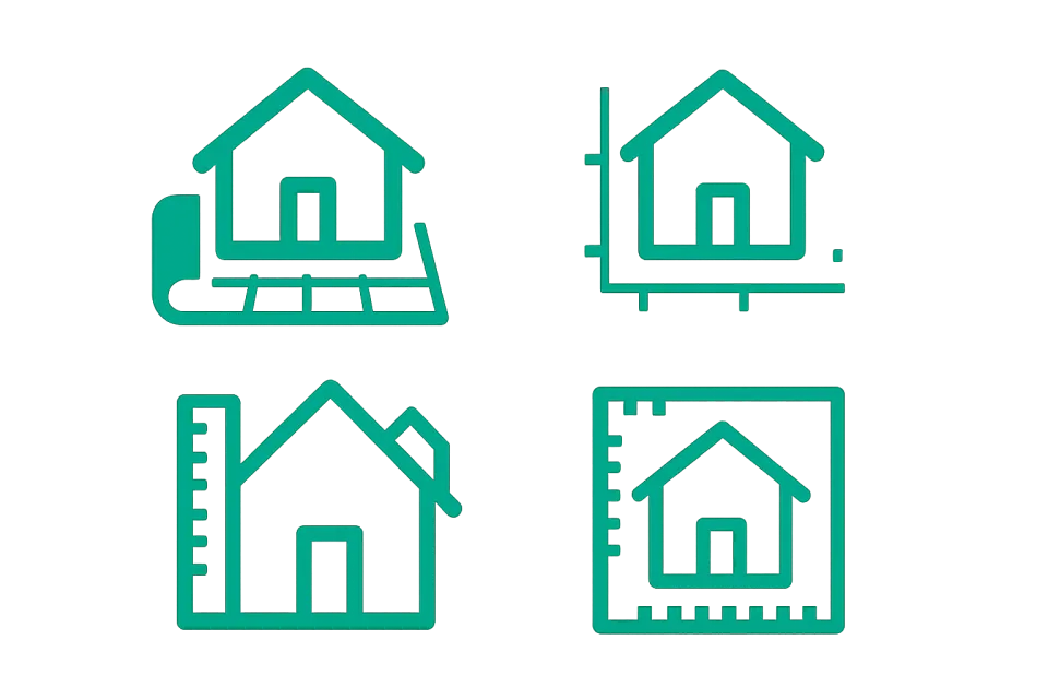 Conjunto de iconos para representar el proceso de construcción y diseño de casas