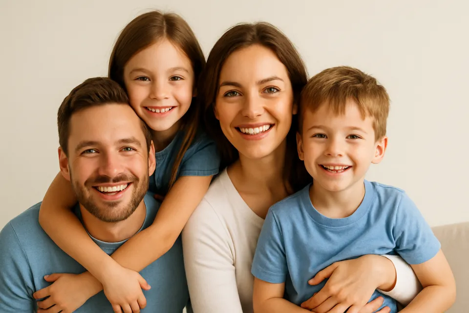 Una familia de cuatro personas sonríe posando sobre un fondo neutral