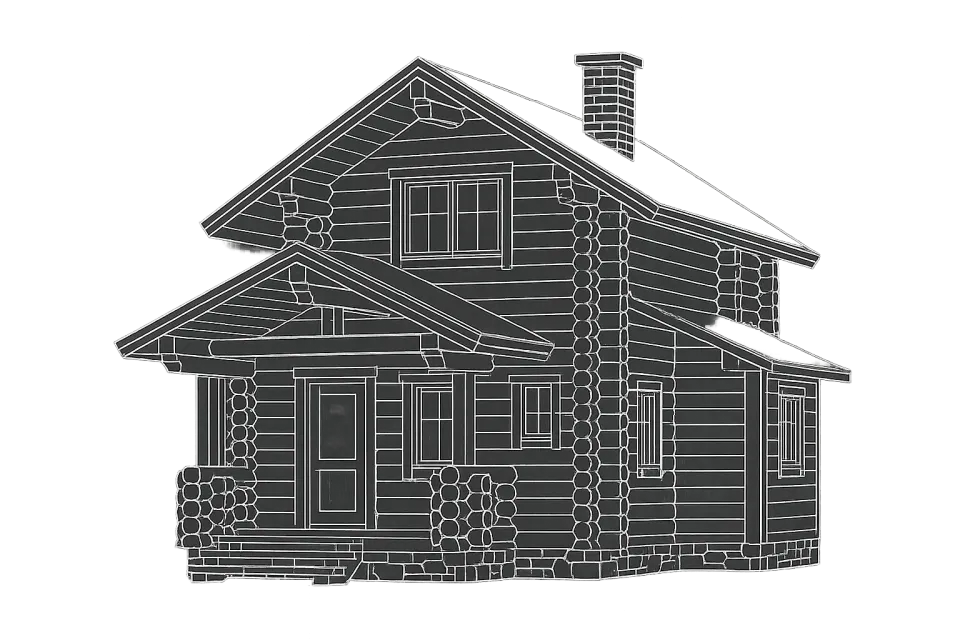 Dibujo de una casa de madera con base de piedra y techo a dos aguas