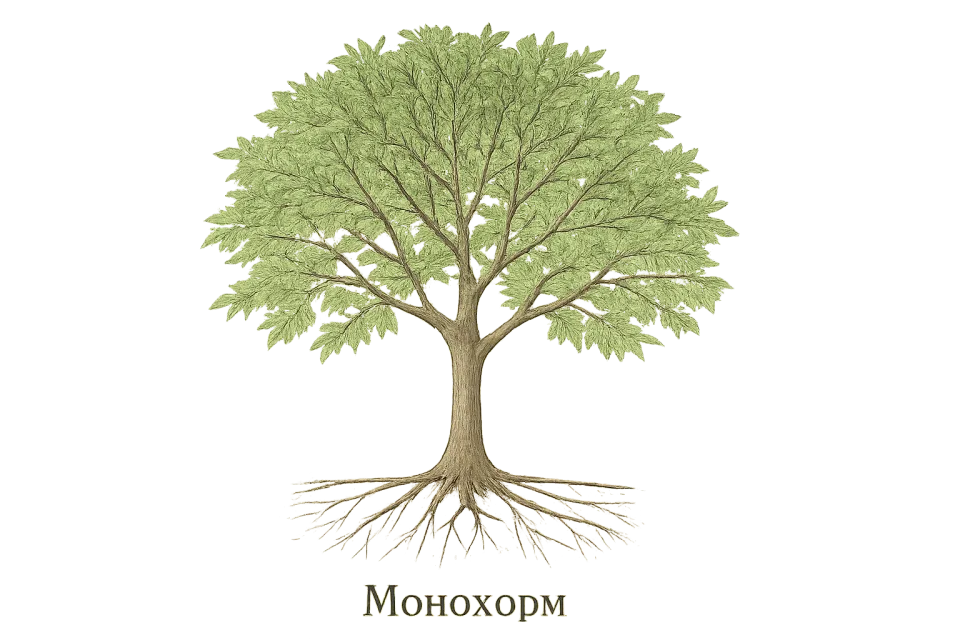 Illustration of a tree with lush leaves and roots, captioned 'Monochorm'