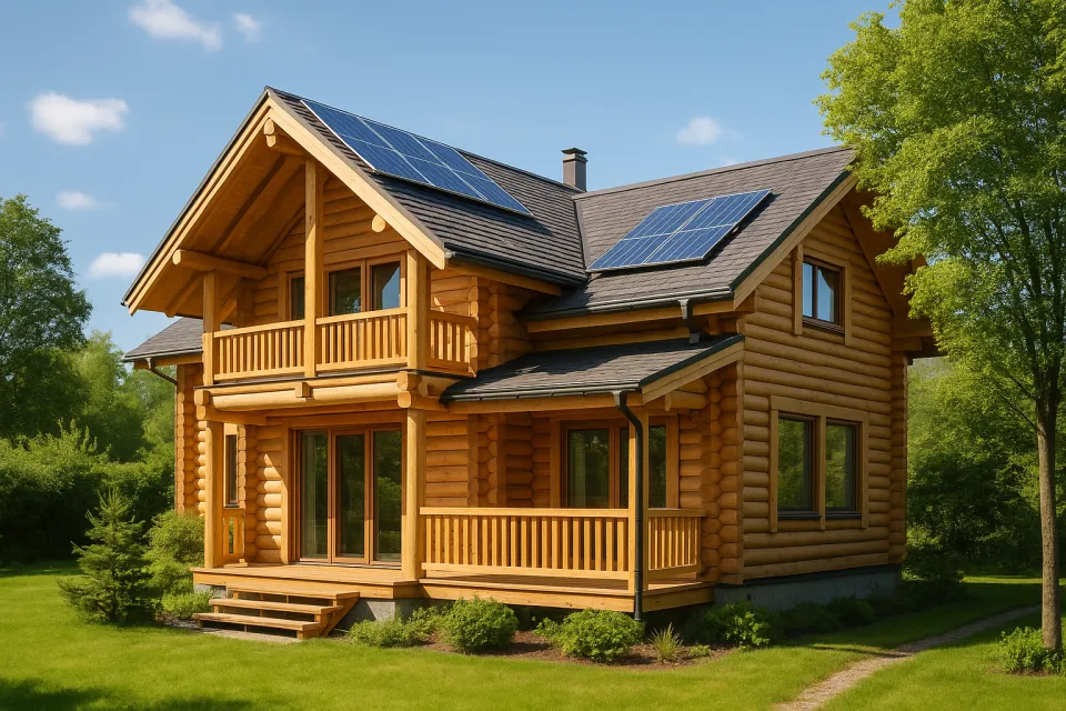 Casa de madera con un diseño moderno y paneles solares en el techo