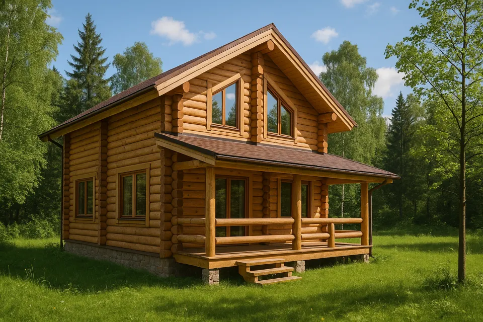 Casa de madera con grandes ventanales contra un fondo de bosque verde