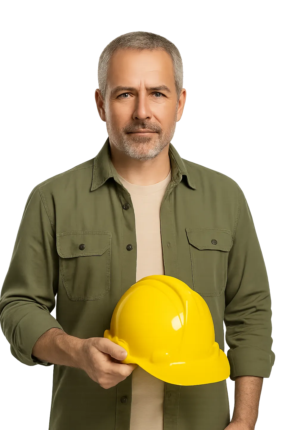 Image of a male builder holding a yellow helmet with a serious expression