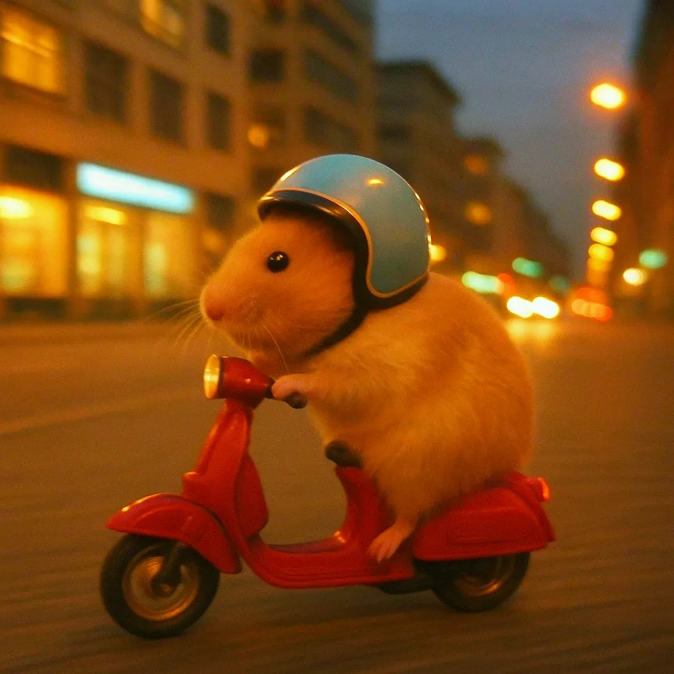 Cute hamster in a protective helmet riding a small scooter