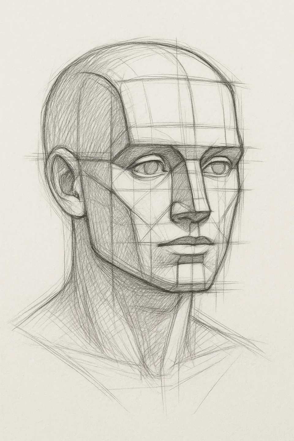 Drawing of a head with geometric lines and proportions