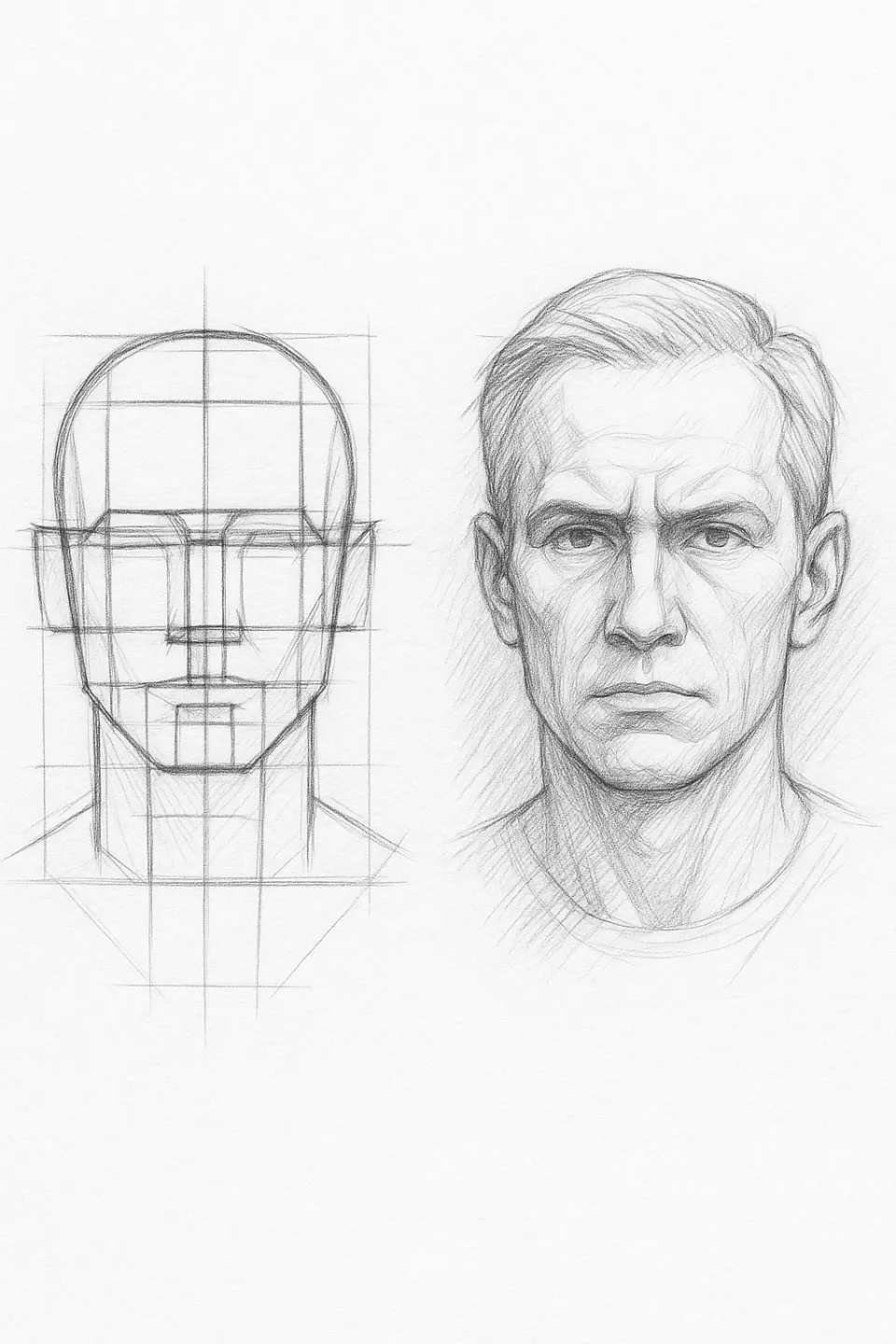 Imagen que muestra las etapas de dibujo de una cara humana con una cuadrícula