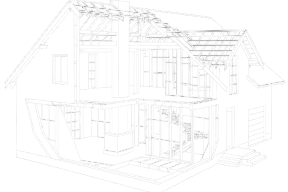 Drawing of the structure of a country house with construction details and sections