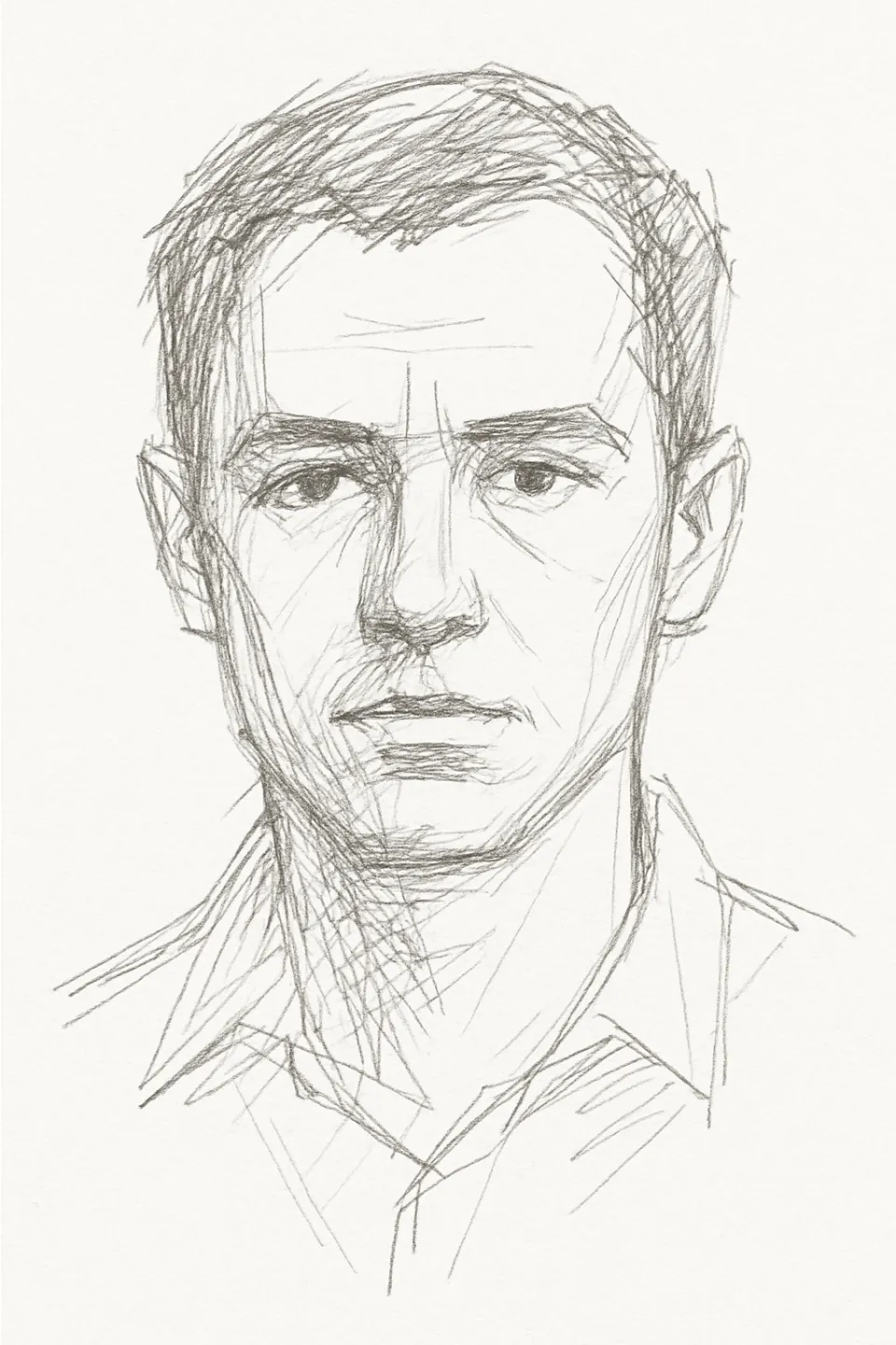 Pencil drawing depicting a man with a neutral expression
