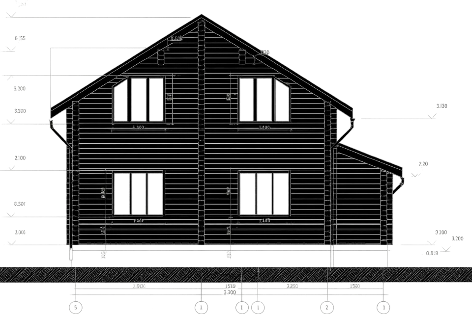 Dibujo detallado de la fachada de una casa con dimensiones y ventanas