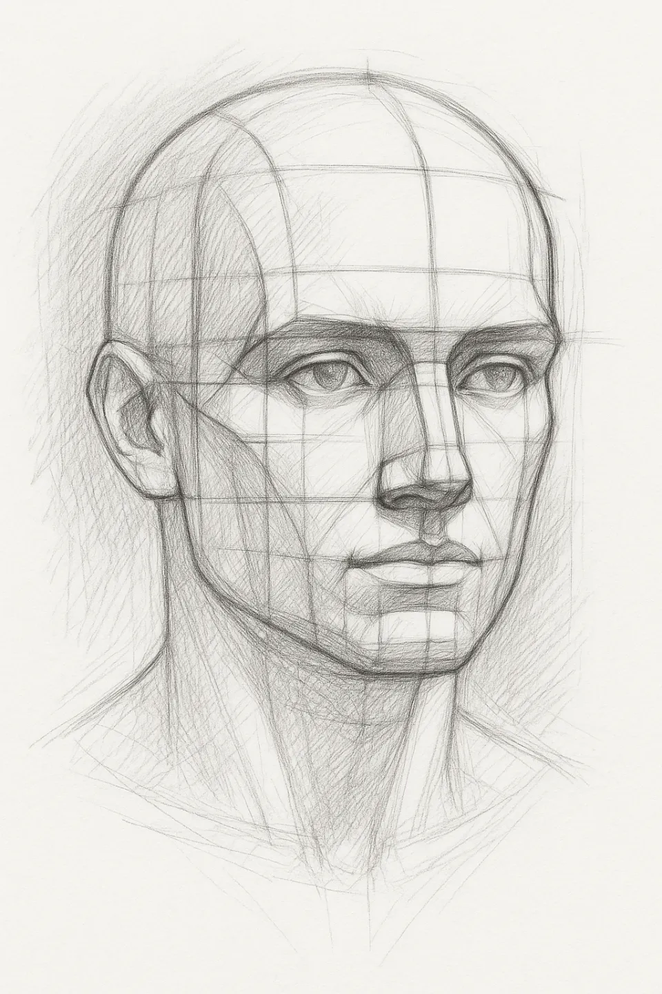 Detailed image of a sketch of a male head with anatomical proportions