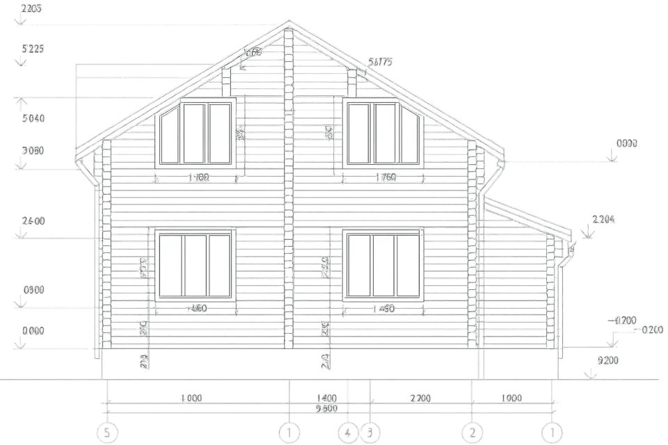 Dibujo arquitectónico de la fachada de una casa con medidas y ubicación de ventanas