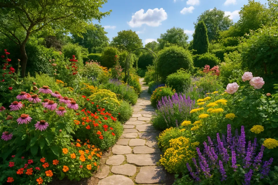 Garden with a variety of flowers and a sunny atmosphere