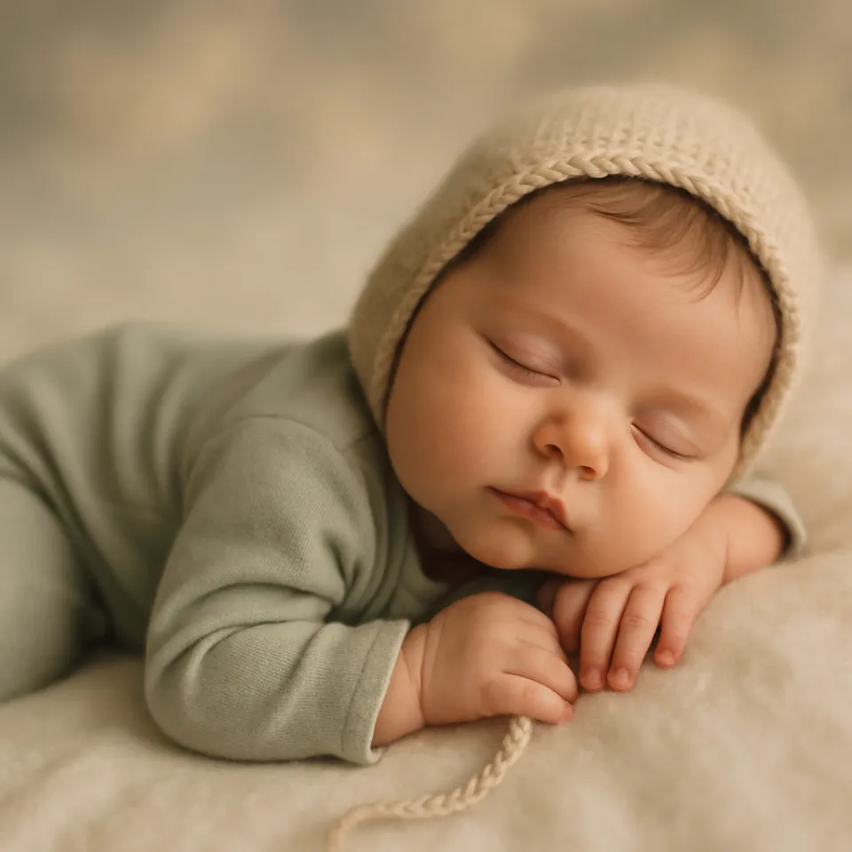 Bebé durmiendo en un mono claro y un gorro