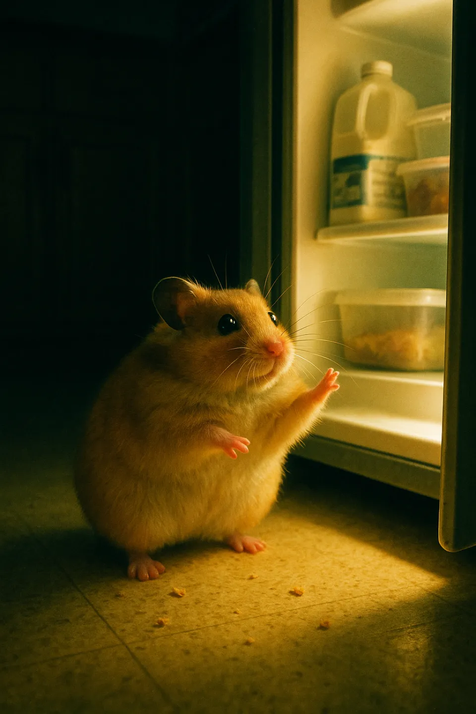 Hámster de pie junto a un refrigerador abierto en la tenue luz de la cocina