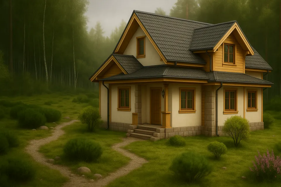 Charming house with wooden elements and green landscape around