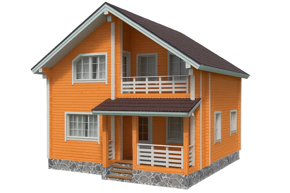 Casa de madera de color naranja con balcón y terraza cubierta