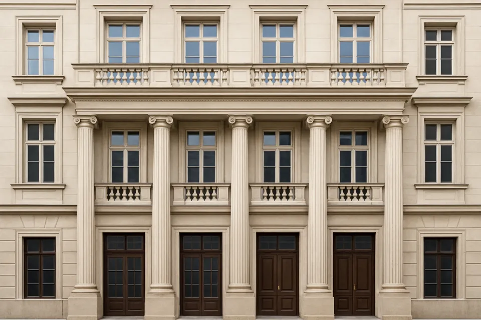 Facade of a building with columns and balconies, designed in a classical style