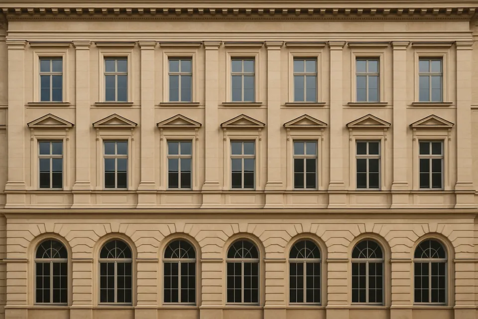 Classical architecture of a building facade with symmetrical windows