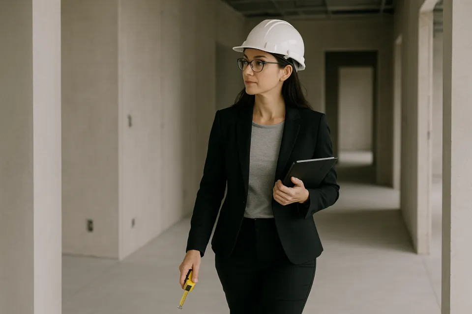 Mujer en traje de negocios y casco en una obra