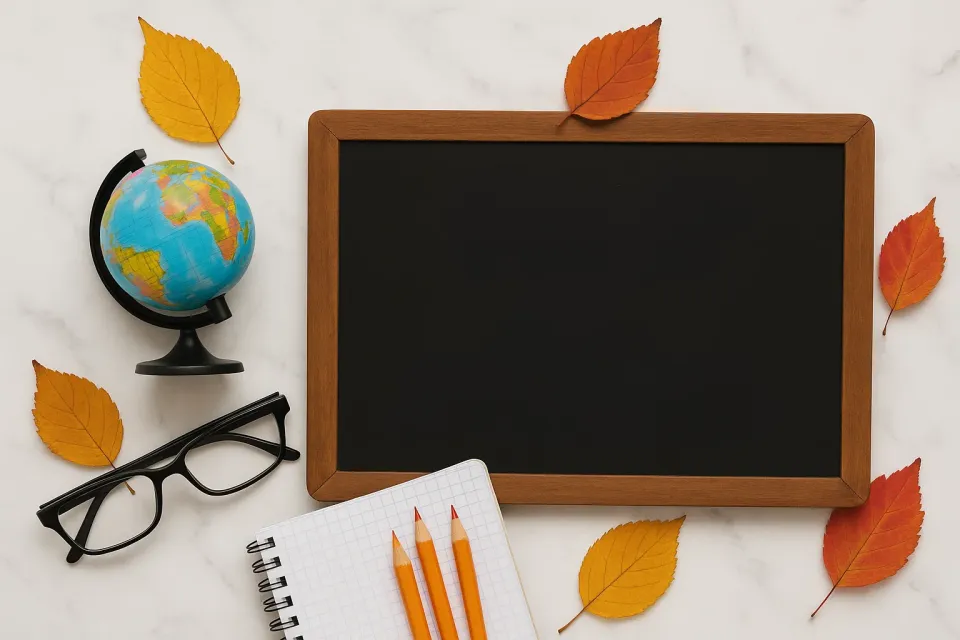 Learning materials on a table with autumn leaves and a globe