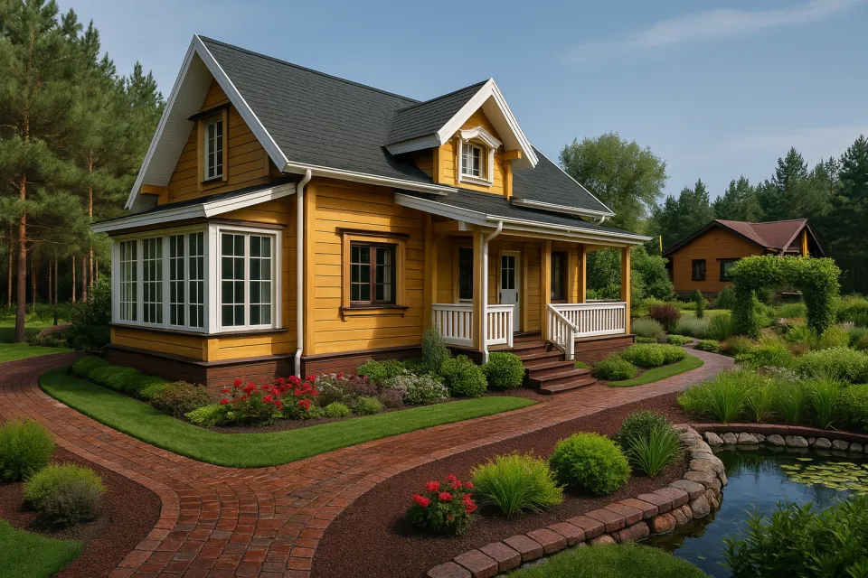 Residential house with a terrace and well-kept yard in a pine forest