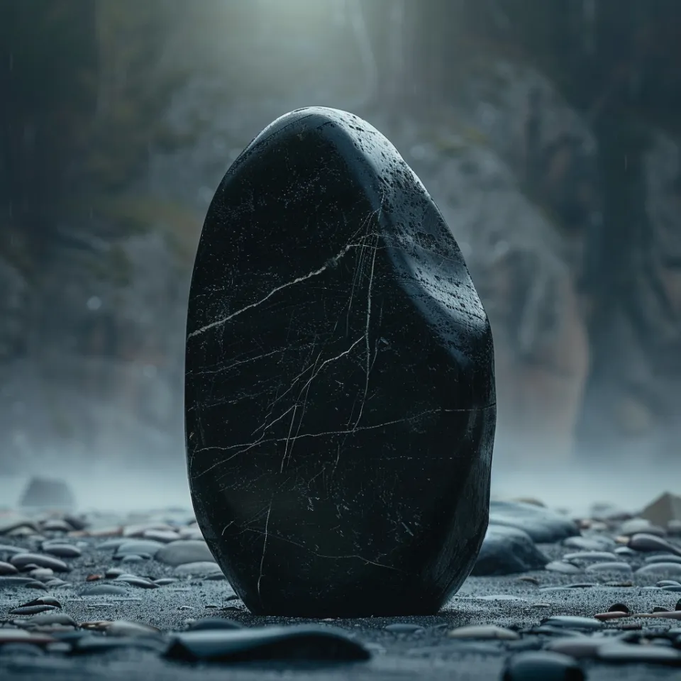 Isolated black stone against a backdrop of gray nature and water