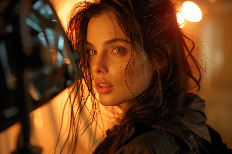 Close-up of a young woman's face with long wet hair against a warm light background