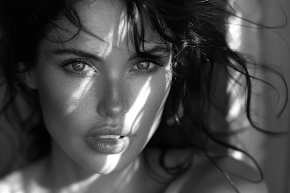 Image of a woman with hair falling on her face and shadows on her skin