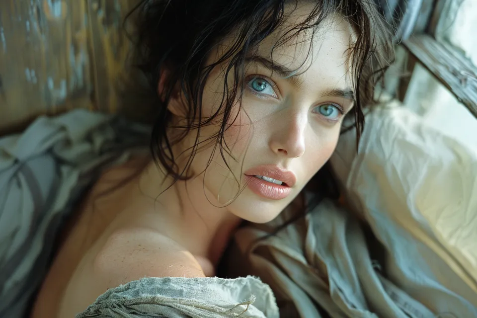 Young woman with damp hair and bright blue eyes in an interior setting