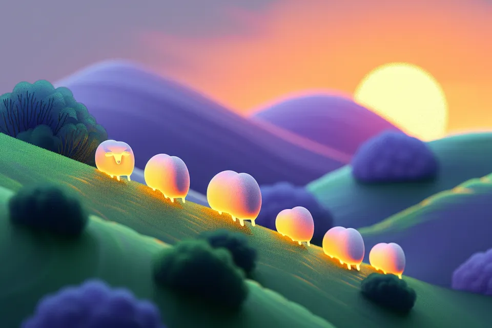 Ovejas iluminadas con luz suave, contra un atardecer invernal