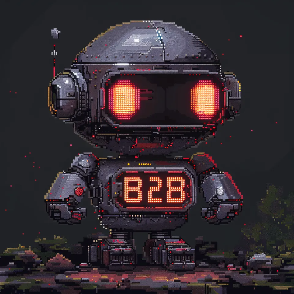 Close-up of a robot with a digital display and bright red eyes
